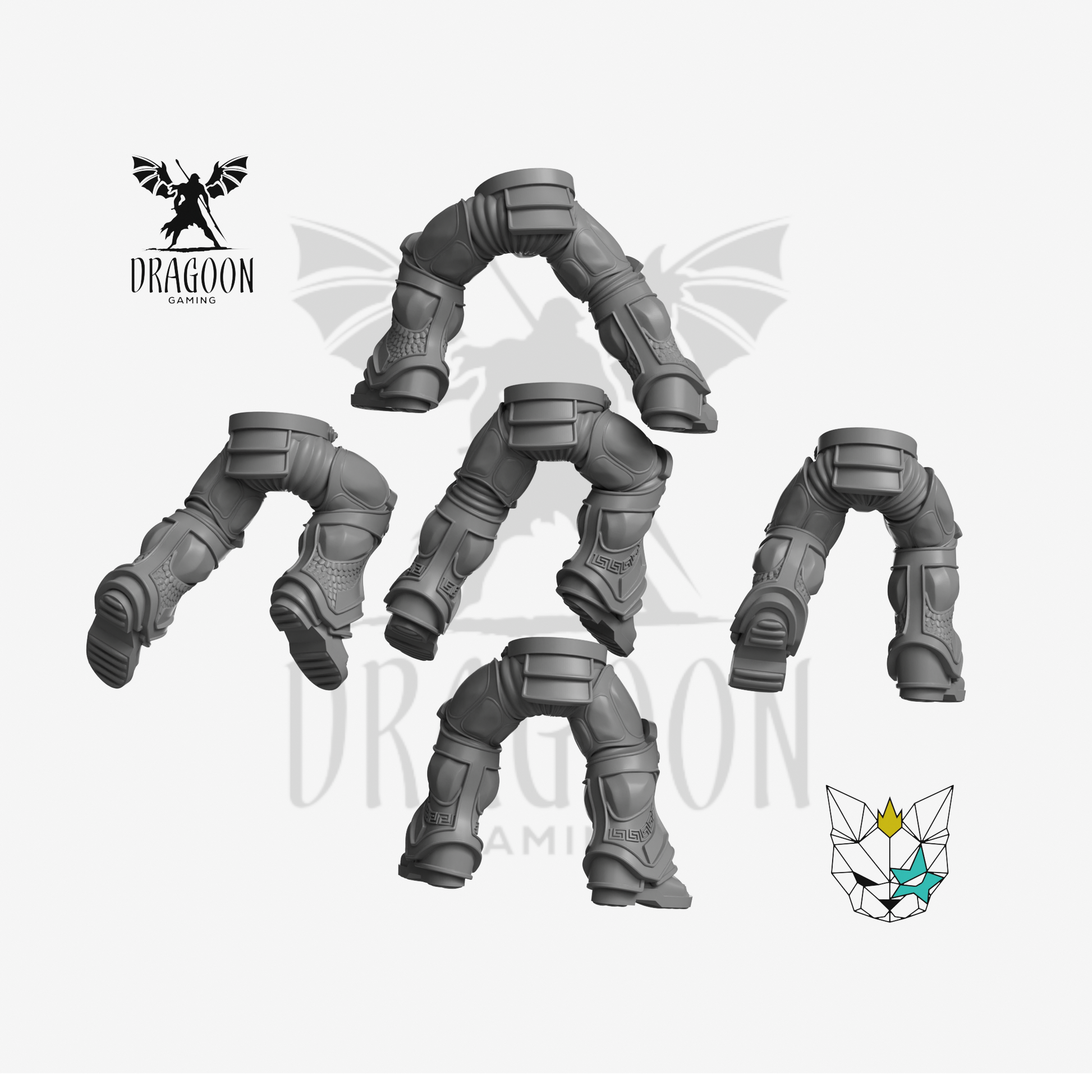 Set of five Greek leg Conversions by Marta Punkgirl 3d printed in grey resin for use in 28mm and 32mm tabletop wargames. This item is also compatible with Primaris sized Space Marines, Ultramarines and Minotaur's in Warhammer 40K