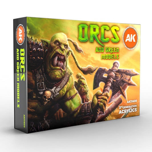 A complete set of acrylic paints designed for painting Orcs, Goblins, and other green-skinned fantasy miniatures. Ideal for Warhammer, D&D, and tabletop games.