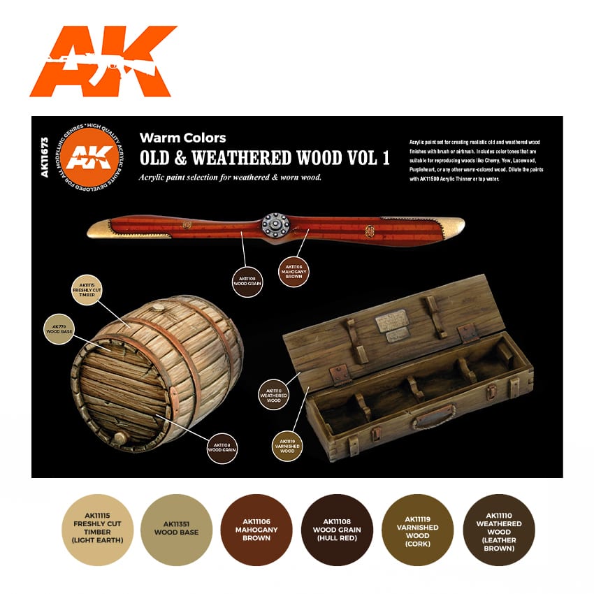 A carefully selected set of acrylic paints designed for creating realistic old and weathered wood effects on scale models, dioramas, and miniatures.