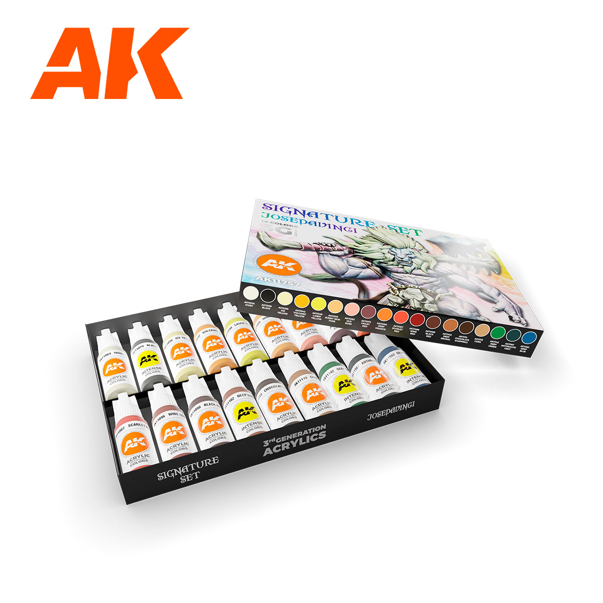 An expertly curated set of Third Generation acrylic paints representing Josedavinci's signature palette, designed to provide a versatile range of colors for achieving stunning results on miniatures and models.
