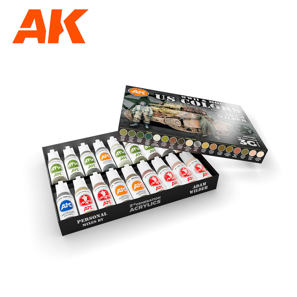 A carefully selected set of Third Generation acrylic paints representing Adam Wilder's signature palette for painting authentic WW2 US Army and Marine Corps vehicles, designed for achieving unparalleled detail and precision on historical models.
