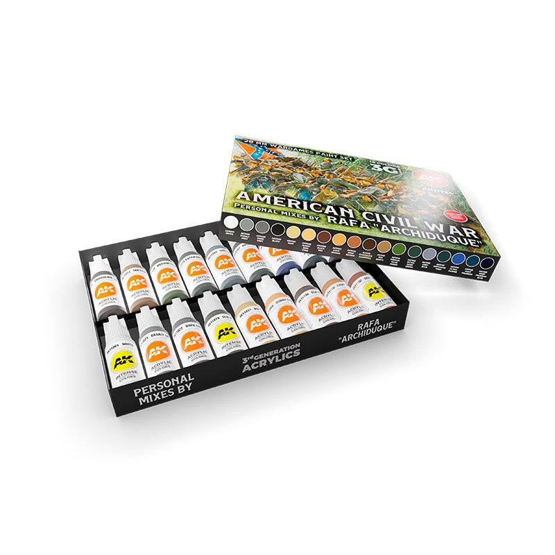 A meticulously selected set of acrylic paints developed in collaboration with Rafa "Archiduque" for painting authentic American Civil War 28mm miniatures, designed for achieving unparalleled detail and precision on historical figures.