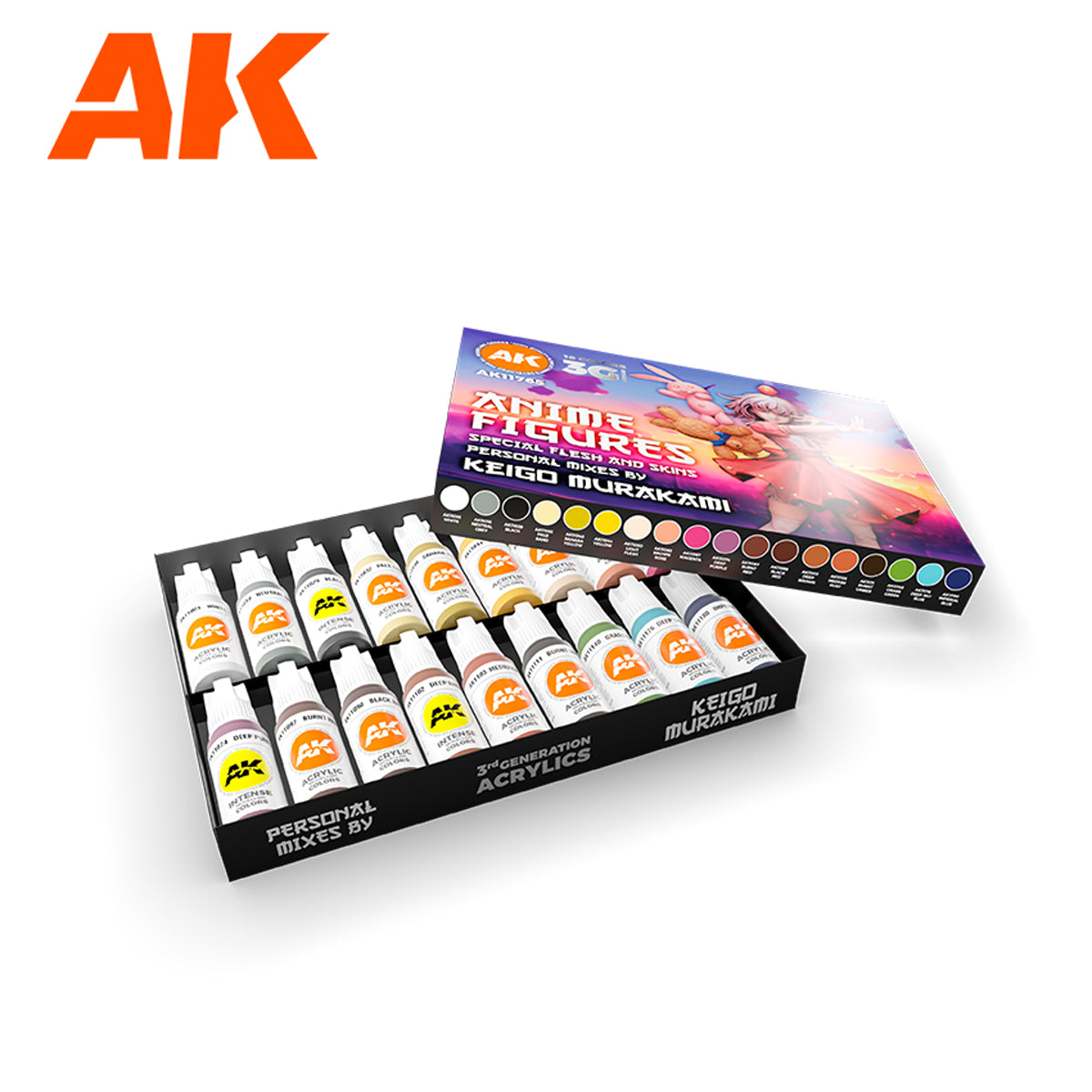 A unique collection of acrylic paints developed in collaboration with Keigo Murakami, featuring his personal signature mixes for achieving the iconic bright colors, smooth gradients, and eye-catching highlights characteristic of anime figures.