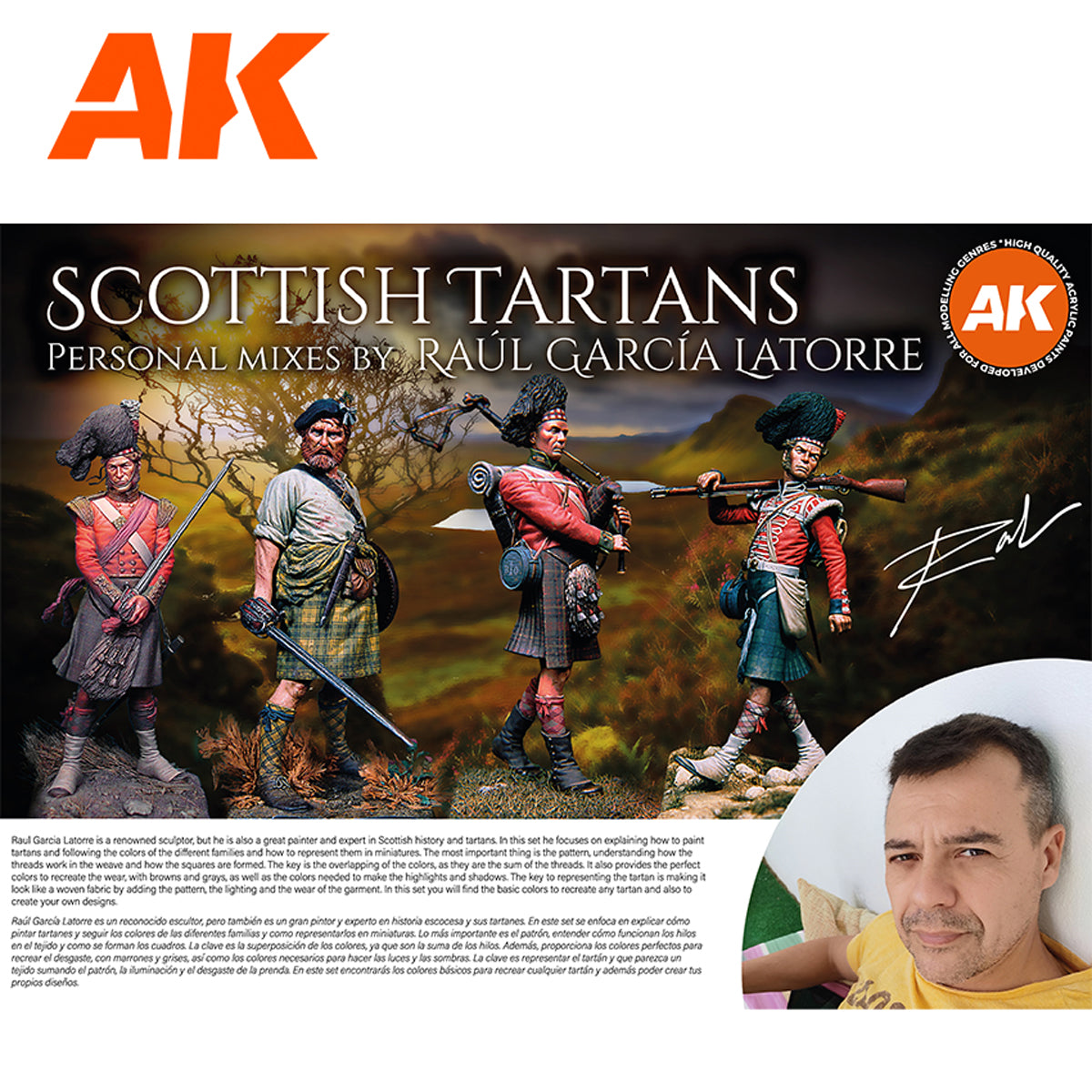 A meticulously selected set of acrylic paints developed in collaboration with Raúl García Latorre for painting authentic Scottish tartans on historical figures, designed for achieving unparalleled detail and artistry.