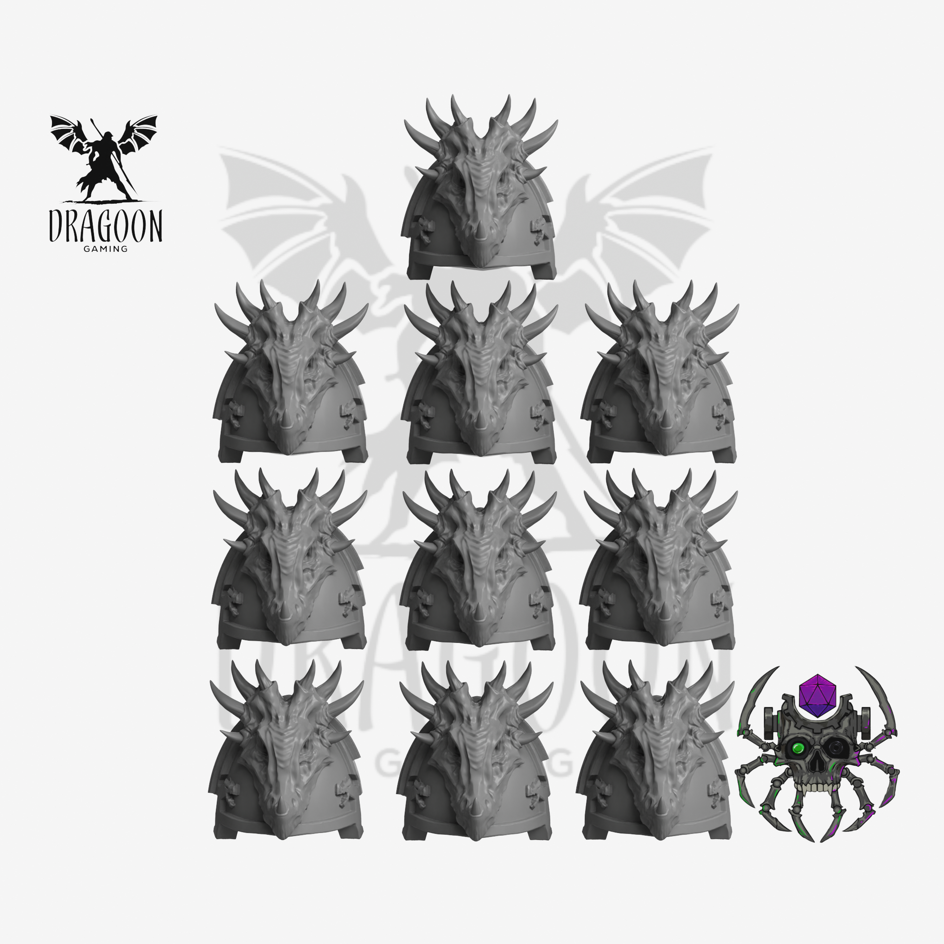 Set of ten Flame Lizard Pauldrons by Eight Legs Miniatures 3d printed in grey resin for use in 28mm and 32mm tabletop wargames. This item is also compatible with Primaris sized Space Marines and Salamanders in Warhammer 40K