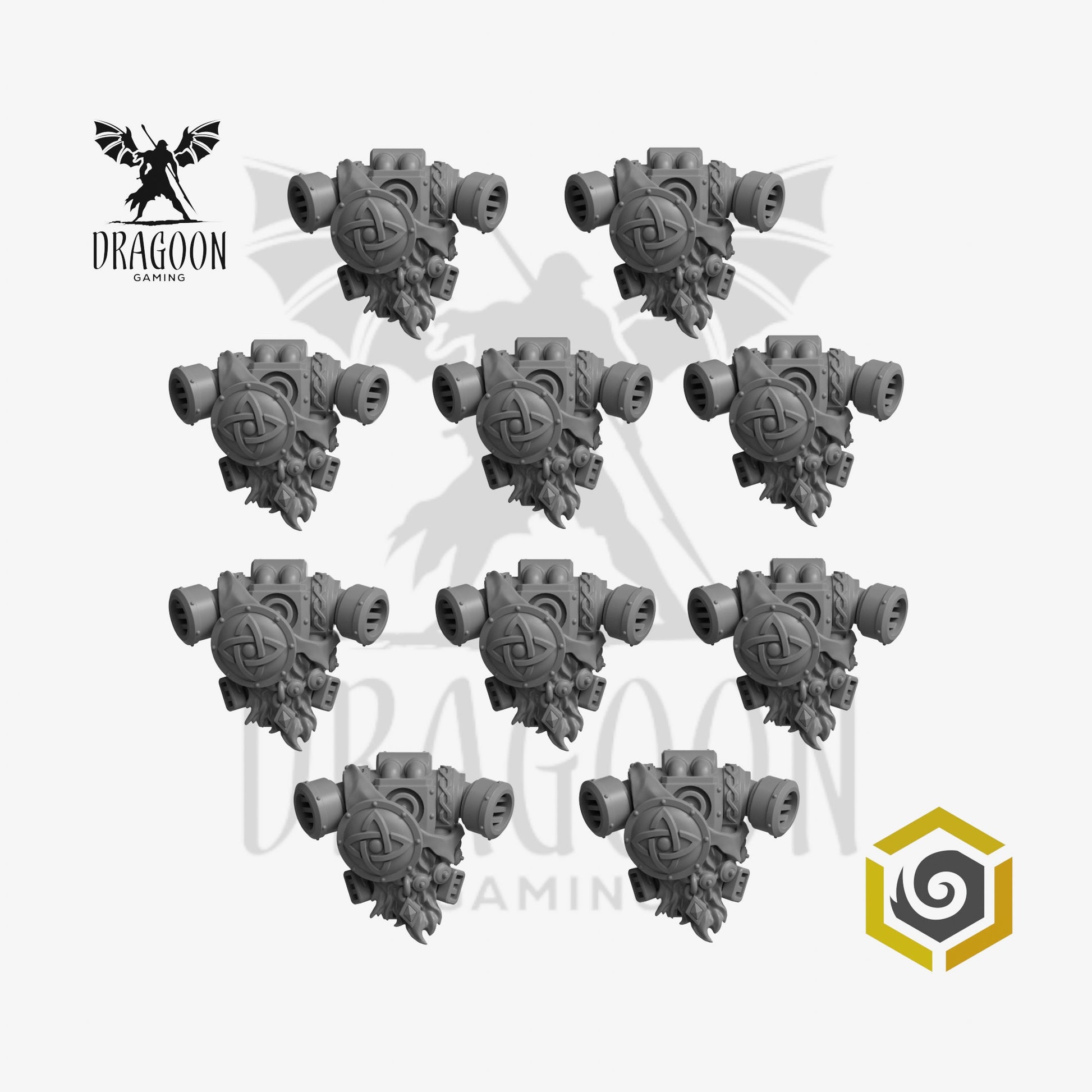 Enhance your 28mm heroic scale Space Knight miniatures, including Prime Space Knights, with this set of ten (10) Primal Hounds Space Knight Knot & Shield Backpacks. These uniquely detailed components, crafted from high-quality resin, feature intricate knotwork designs and integrated shields, adding a touch of ancient warrior tradition and defensive strength to your Warhammer 40,000 Space Marine army. They are designed for compatibility with a wide range of Space Marine miniatures and are a perfect fit for f