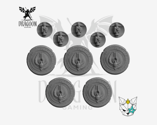 Set of five Roman shields by Marta Punkgirl 3d printed in grey resin for use in 28mm and 32mm tabletop wargames. This item is also compatible with Primaris sized Space Marines, Minotaurs and Ultramarines in Warhammer 40K