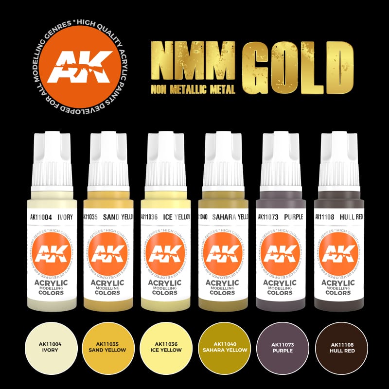 A carefully selected set of acrylic paints designed for the Non-Metallic Metal (NMM) painting technique, specifically for achieving realistic gold effects on miniatures and models.