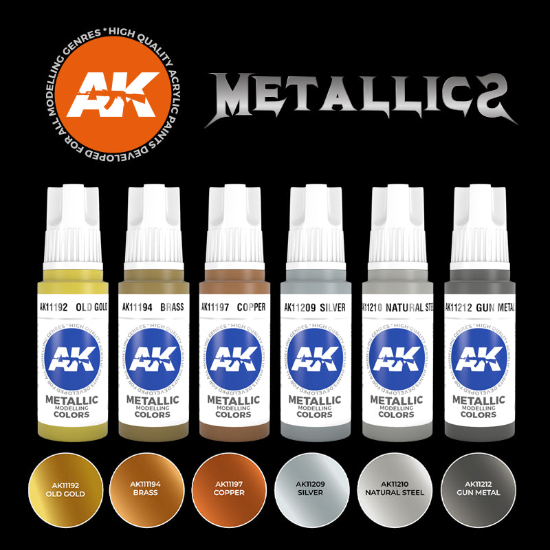 A complete set of acrylic metallic paints designed for creating realistic metal finishes on scale models, miniatures, and other hobby projects, including various shades of silver, gold, bronze, and copper.