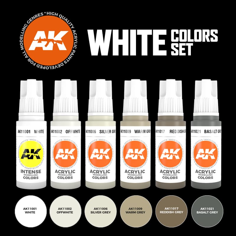 A complete set of acrylic white paints designed for a variety of applications in model painting, including highlighting, undercoating, drybrushing, and base coating.