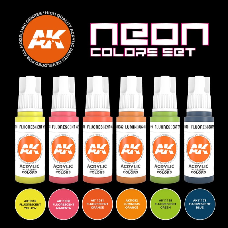 A complete set of acrylic fluorescent paints designed for creating striking visual effects on scale models, miniatures, artwork, and other projects. Delivers intense, eye-catching neon colors.