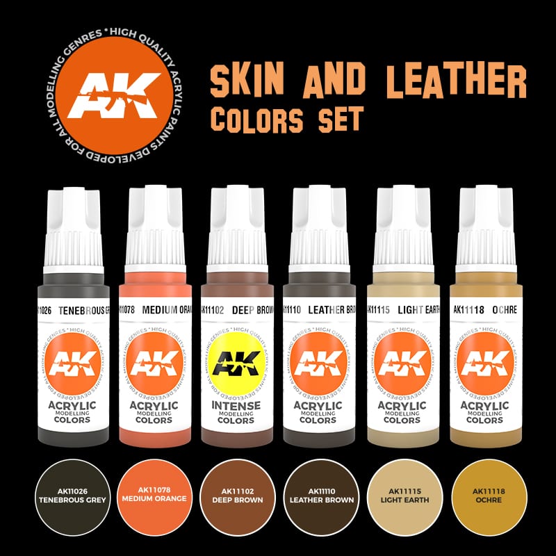 A complete set of acrylic paints designed for creating realistic skin tones and leather effects on scale models, miniatures, and other hobby projects.