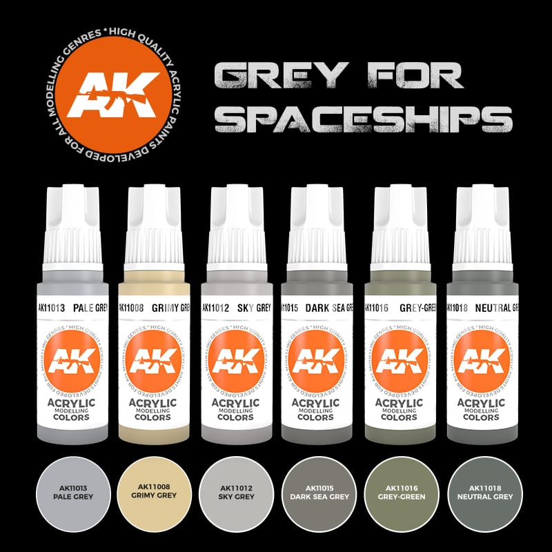 A carefully selected set of acrylic paints designed for creating realistic grey exteriors for spaceship models, replicating the weathered and utilitarian surfaces commonly seen in science fiction.