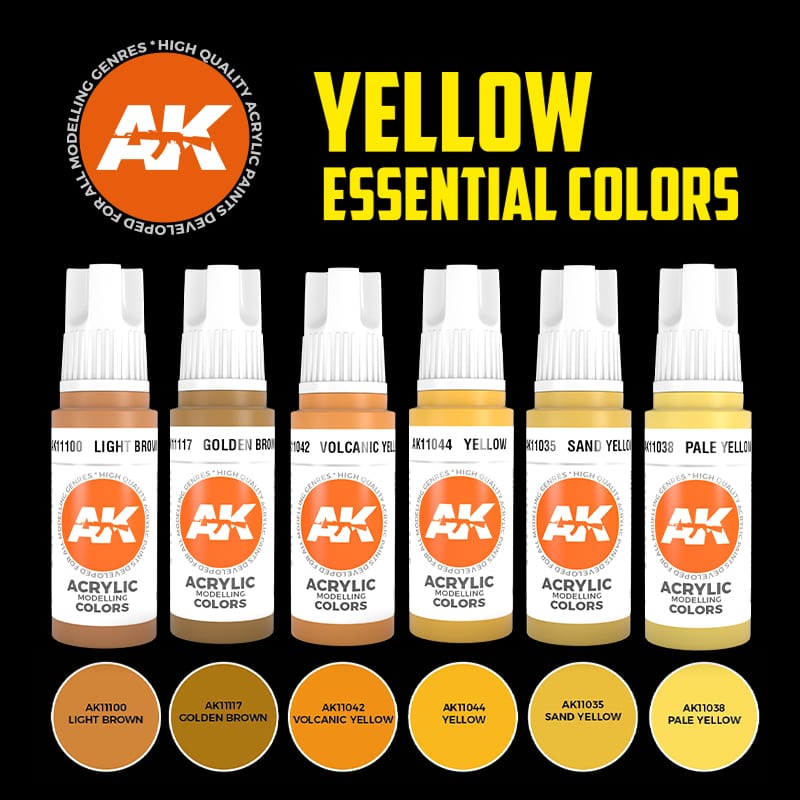 A carefully selected set of Third Generation acrylic paints designed for creating vibrant yellow effects and highlights on scale models, miniatures, and other hobby projects.