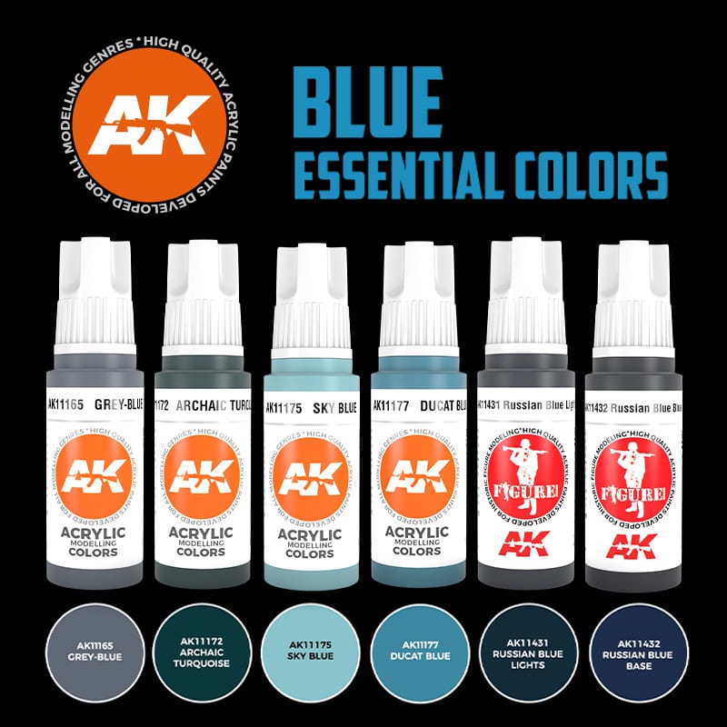 A carefully selected set of Third Generation acrylic paints designed for creating realistic blue effects and highlights on scale models, miniatures, and other hobby projects.