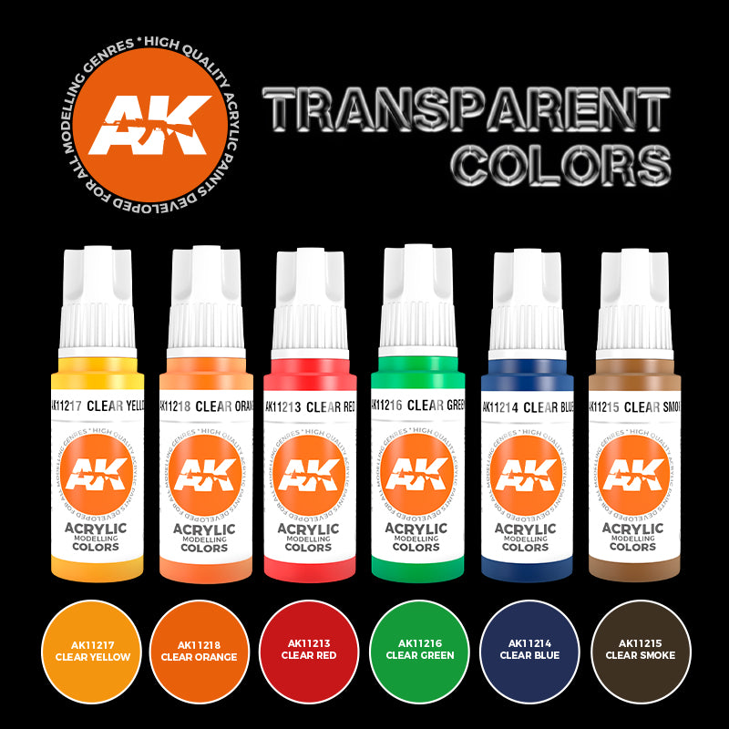 A carefully selected set of transparent acrylic paints designed for creating glazing, tinting, candy effects, and other subtle color manipulations on scale models, miniatures, artwork, and other creative projects.