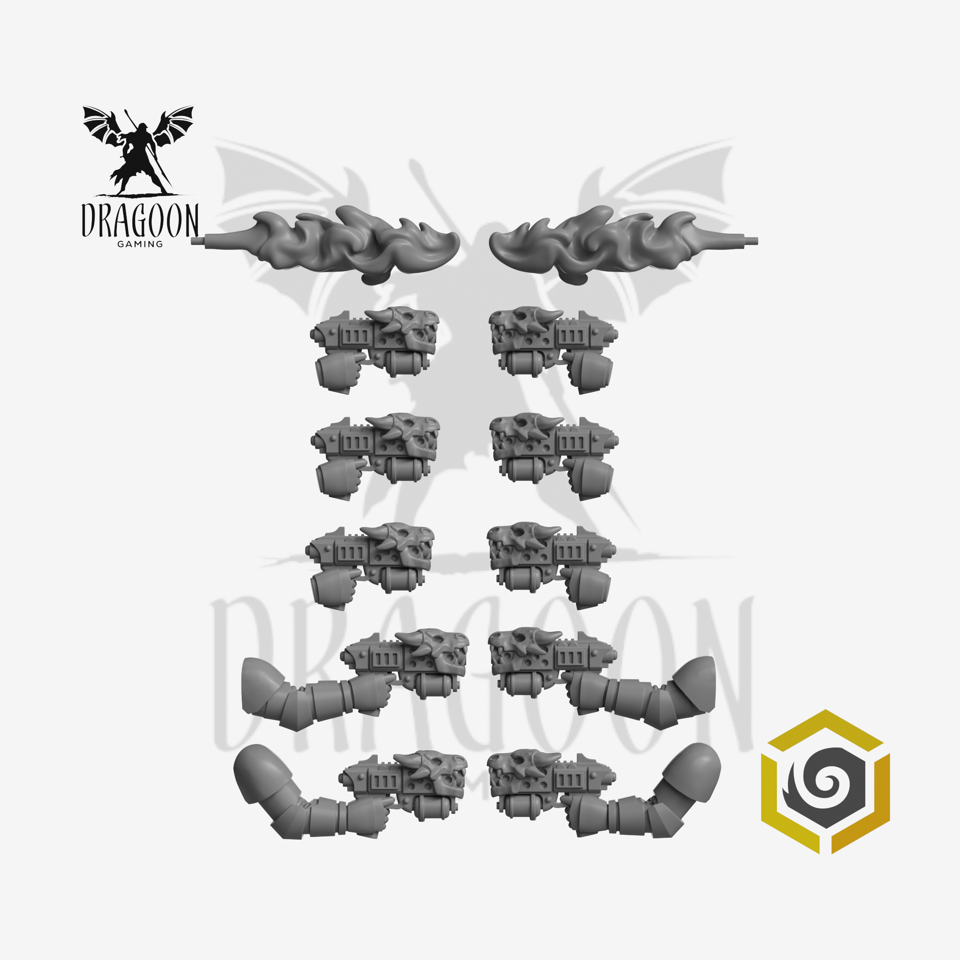 Dragoon Gaming 28mm Resin Anvil Wardens Flame Pistols with Flame Effects for Warhammer 40k Salamanders / Space Marine Conversion (5 Pairs)