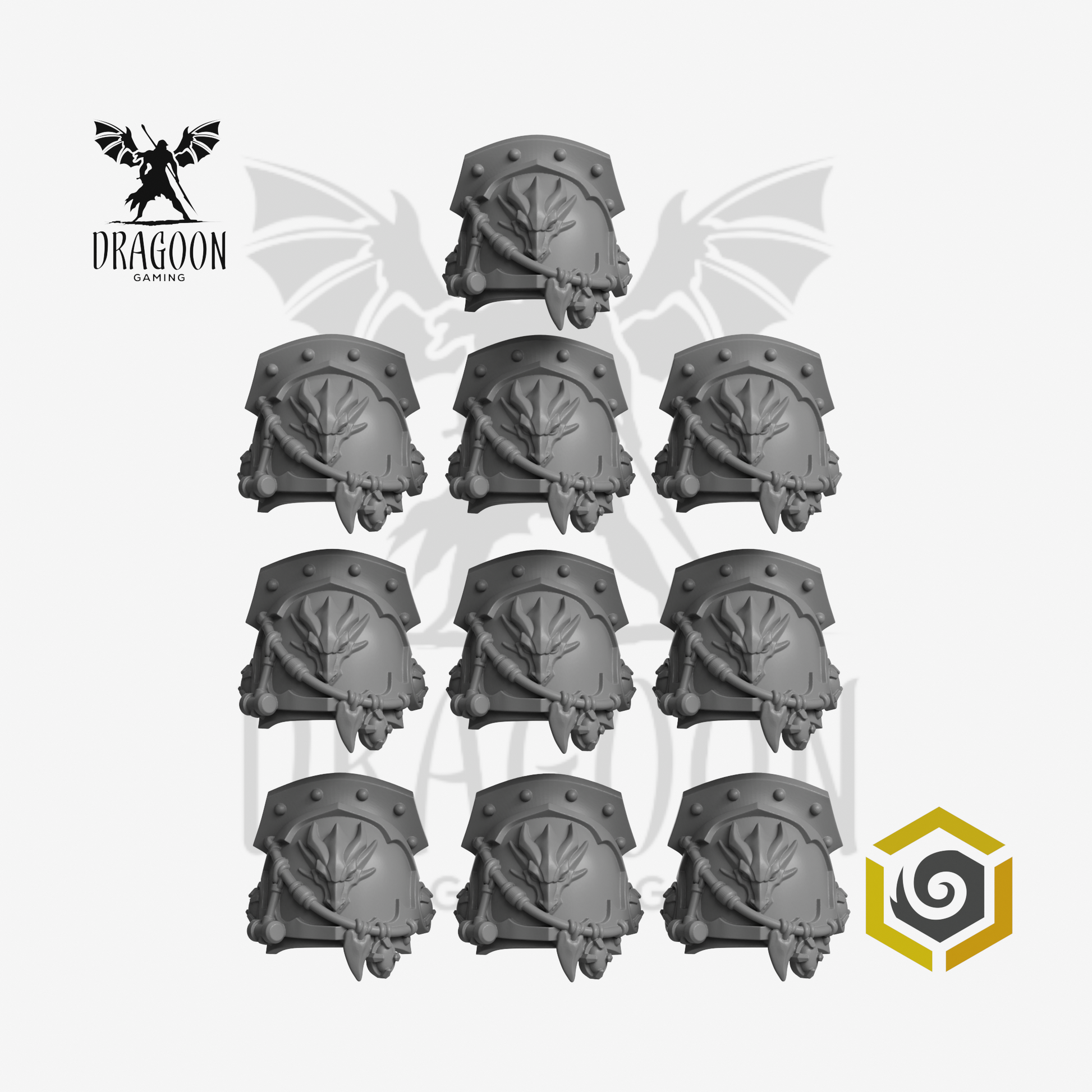 Dragoon Gaming 28mm Resin Dragon Head Pauldrons with Charms & Gorget for Warhammer 40k Salamanders / Space Marine Conversion (10 Pack)