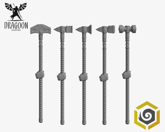 Set of five Stormbringers right handed warhammers by Dakkadakka Studios 3d printed in grey resin for use in 28mm and 32mm tabletop wargames. This item is also compatible with Primaris sized Space Marines and Space Wolves in Warhammer 40K