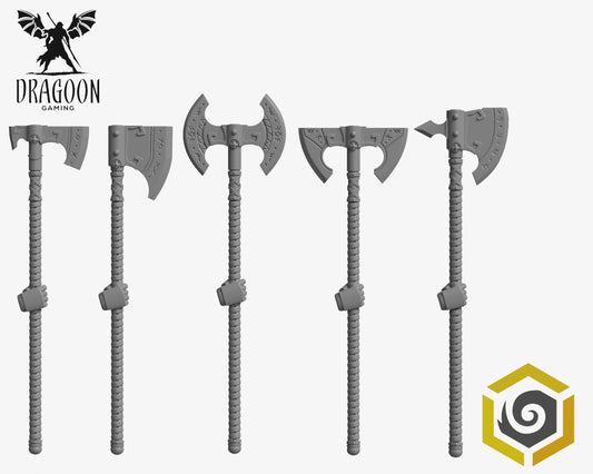 Set of five Stormbringers left and right handed axes by Dakkadakka Studios 3d printed in grey resin for use in 28mm and 32mm tabletop wargames. This item is also compatible with Primaris sized Space Marines and Space Wolves in Warhammer 40K