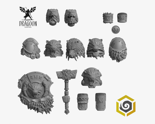 Primal Hounds Bear Company HQ upgrade kit by Greytide Studios 3d printed in grey resin for use in 28mm and 32mm tabletop wargames. This item is also compatible with Primaris sized Space Marines and Space Wolves in Warhammer 40K