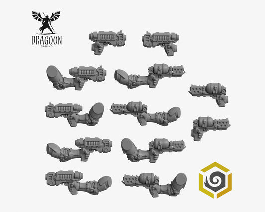 Twelve Eternal Pilgrims left and right hand plasma & flame pistols by Greytide Studios 3d printed in grey resin for 28mm and 32mm tabletop wargames. This item is also compatible with Primaris sized Space Marines and Black Templars in Warhammer 40K