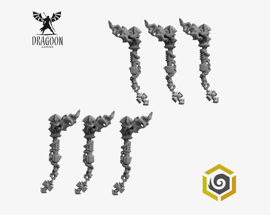 Set six Eternal Pilgrims left and right handed mauls by Greytide Studios 3d printed in grey resin for use in 28mm and 32mm tabletop wargames. This item is also compatible with Primaris sized Space Marines and Black Templars in Warhammer 40K