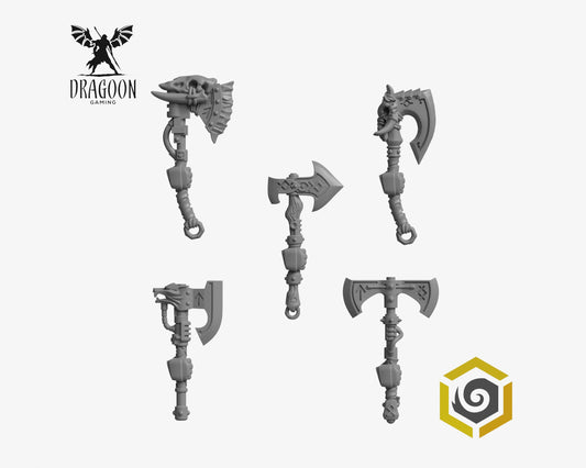 Set of five Primal Hounds one handed axes left or right handed by Greytide Studios 3d printed in grey resin for use in 28mm and 32mm tabletop wargames. This item is also compatible with Primaris sized Space Marines and Space Wolves in Warhammer 40K