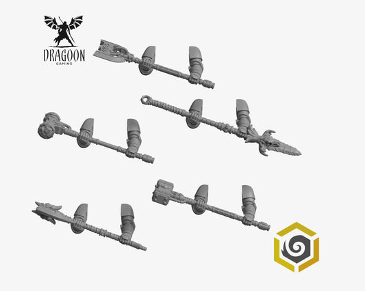 Set of five Primal Hounds two handed weapons by Greytide Studios 3d printed in grey resin for use in 28mm and 32mm tabletop wargames. This item is also compatible with Primaris sized Space Marines and Space Wolves in Warhammer 40K