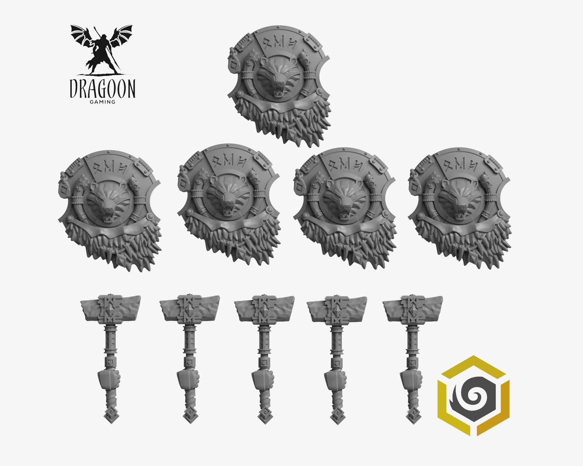 Set Primal Hounds Bear Company hammer and shields by Greytide Studios 3d printed in grey resin for use in 28mm and 32mm tabletop wargames. This item is also compatible with Primaris sized Space Marines and Space Wolves in Warhammer 40K