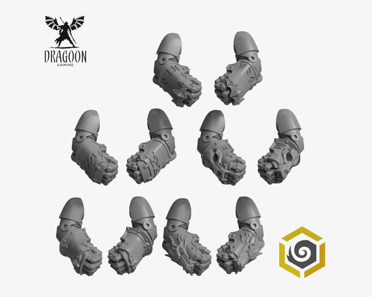 Set of ten Primal Hounds Powers Fists by Greytide Studios 3d printed in grey resin for use in 28mm and 32mm tabletop wargames. This item is also compatible with Primaris Space Marines and Spave Wolves in Warhammer 40K