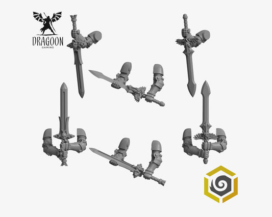 Set of six Eternal Pilgrims powerswords by Greytide Studios 3d printed in grey resin for use in 28mm and 32mm tabletop wargames. This item is also compatible with Primaris Space Marines, black templar and deathwatch in Warhammer 40K