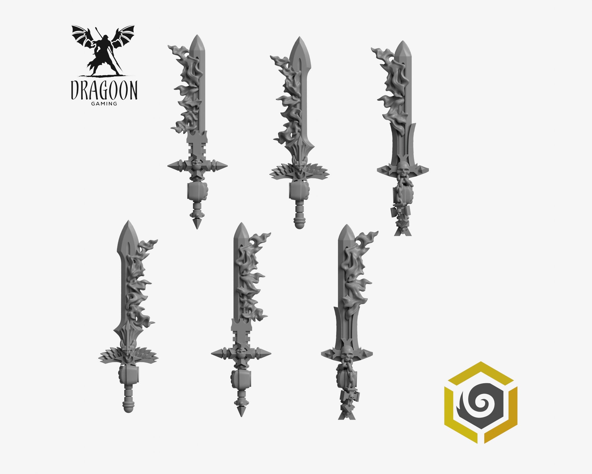 Set of six Eternal Pilgrims flaming swords by Greytide Studios 3d printed in grey resin for use in 28mm and 32mm tabletop wargames. This item is also compatible with Primaris Space Marines, black templar and deathwatch in Warhammer 40K