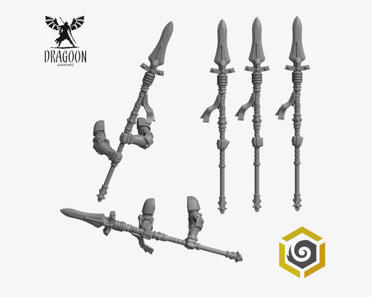 Set of five Eternal Pilgrims spears by Greytide Studios 3d printed in grey resin for use in 28mm and 32mm tabletop wargames. This item is also compatible with Primaris Space Marines, black templar and deathwatch in Warhammer 40K