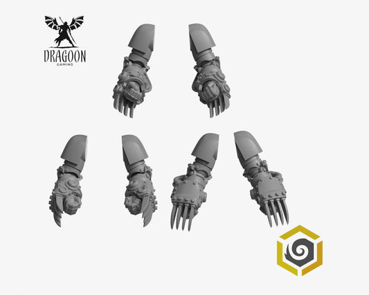 Set of six Eternal Pilgrims Lightning claws by Greytide Studios 3d printed in grey resin for use in 28mm and 32mm tabletop wargames. This item is also compatible with Primaris sized Terminator Space Marines and Black Templars in Warhammer 40K
