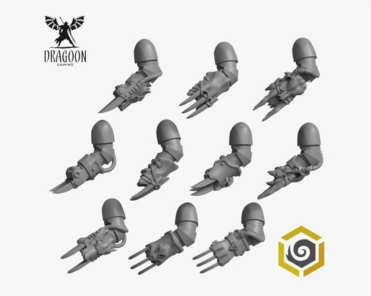 Set of ten Primal Hounds power claws by Greytide Studios 3d printed in grey resin for use in 28mm and 32mm tabletop wargames. This item is also compatible with Primaris sized Space Marines and Space Wolves in Warhammer 40K
