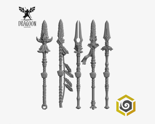 Set of five Primal Hounds spears by Greytide Studios 3d printed in grey resin for use in 28mm and 32mm tabletop wargames. This item is also compatible with Primaris Space Marines and Space Wolves in Warhammer 40K