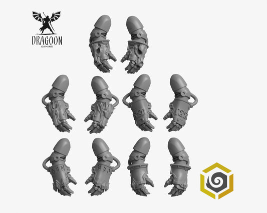 Set of ten Primal Hounds Powers Fists by Greytide Studios 3d printed in grey resin for use in 28mm and 32mm tabletop wargames. This item is also compatible with Primaris Space Marines and Spave Wolves in Warhammer 40K