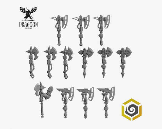 Set of thirteen Eternal Pilgrims power axes by Greytide Studios 3d printed in grey resin for use in 28mm and 32mm tabletop wargames. This item is also compatible with Primaris Space Marines, black templar and deathwatch in Warhammer 40K