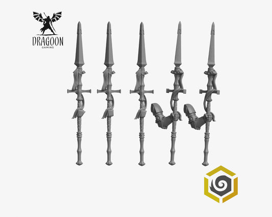 Set of five Eternal Pilgrims spears by Greytide Studios 3d printed in grey resin for use in 28mm and 32mm tabletop wargames. This item is also compatible with Primaris Space Marines, black templar and deathwatch in Warhammer 40K