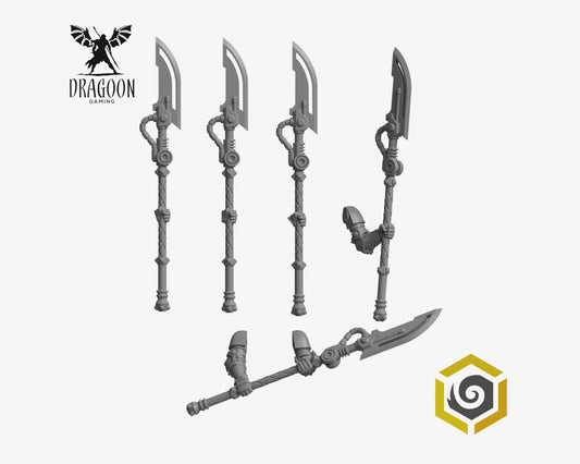 Set of five Eternal Pilgrims spears by Greytide Studios 3d printed in grey resin for use in 28mm and 32mm tabletop wargames. This item is also compatible with Primaris Space Marines, black templar and deathwatch in Warhammer 40K