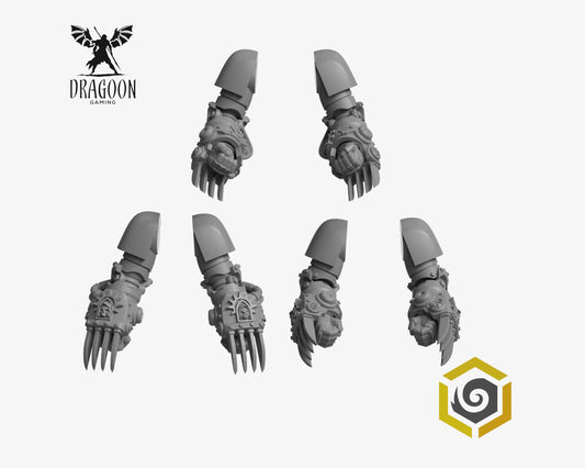 Set of six Eternal Pilgrims Lightning claws by Greytide Studios 3d printed in grey resin for use in 28mm and 32mm tabletop wargames. This item is also compatible with Primaris sized Terminator Space Marines and Black Templars in Warhammer 40K