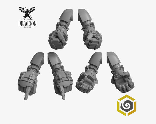 Set of six Eternal Pilgrims Big power fists by Greytide Studios 3d printed in grey resin for use in 28mm and 32mm tabletop wargames. This item is also compatible with Primaris sized Terminator Space Marines and Black Templars in Warhammer 40K