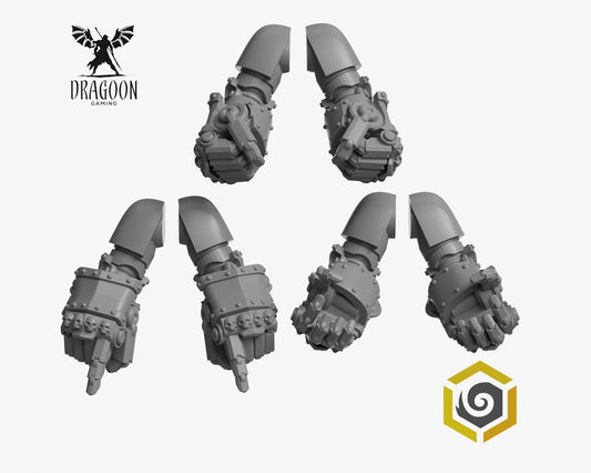 Set of six Eternal Pilgrims Big power fists by Greytide Studios 3d printed in grey resin for use in 28mm and 32mm tabletop wargames. This item is also compatible with Primaris sized Terminator Space Marines and Black Templars in Warhammer 40K