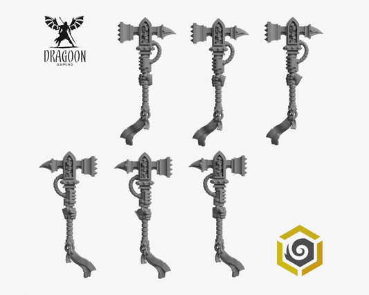 Set of six Eternal Pilgrims one handed hammers by Greytide Studios 3d printed in grey resin for use in 28mm and 32mm tabletop wargames. This item is compatible with Primaris Space Marines, Dark Angels and Black Templars in Warhammer 40K