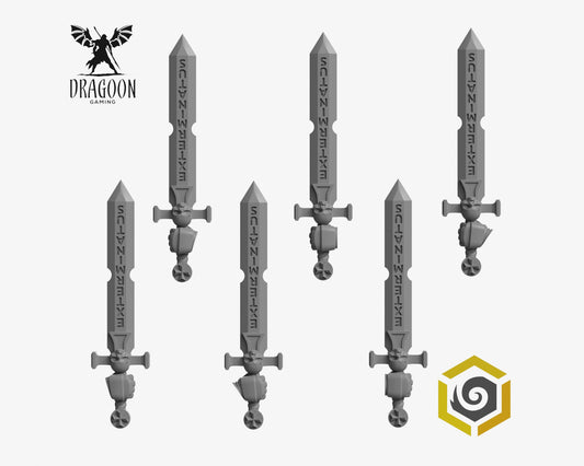 Set of six Eternal Pilgrims powerswords by Greytide Studios 3d printed in grey resin for use in 28mm and 32mm tabletop wargames. This item is also compatible with Primaris Space Marines, black templar and deathwatch in Warhammer 40K