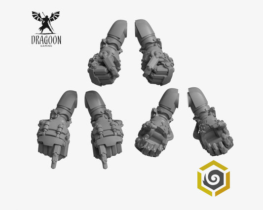 Set of six Eternal Pilgrims power fists by Greytide Studios 3d printed in grey resin for use in 28mm and 32mm tabletop wargames. This item is also compatible with Primaris sized Space Marines, Black Templars and Dark Angels in Warhammer 40K