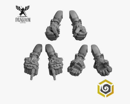 Set of six Eternal Pilgrims power fists by Greytide Studios 3d printed in grey resin for use in 28mm and 32mm tabletop wargames. This item is also compatible with Primaris sized Space Marines, Black Templars and Dark Angels in Warhammer 40K