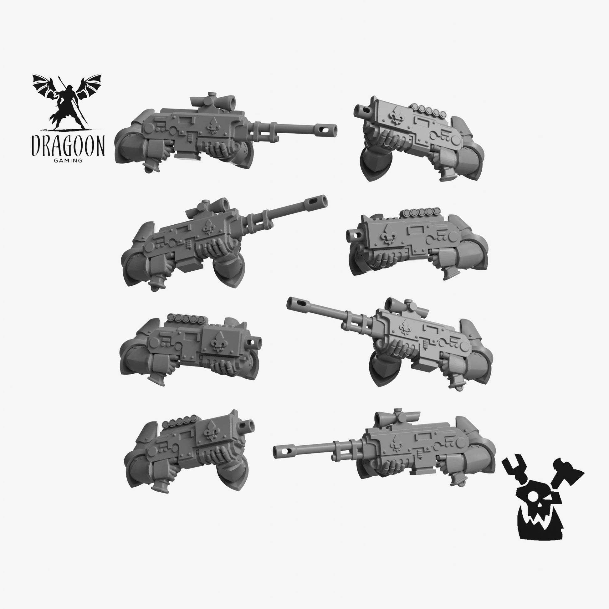 Set of eight shotguns and sniper rifles by Dakkadakka Studios 3d printed in grey resin for use in 28mm and 32mm tabletop wargames. This item is compatible with Adepta Sorortitas and Sisters of Battle in Warhammer 40K