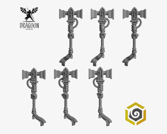Set of six Eternal Pilgrims one handed hammers by Greytide Studios 3d printed in grey resin for use in 28mm and 32mm tabletop wargames. This item is compatible with Primaris Space Marines, Dark Angels and Black Templars in Warhammer 40K